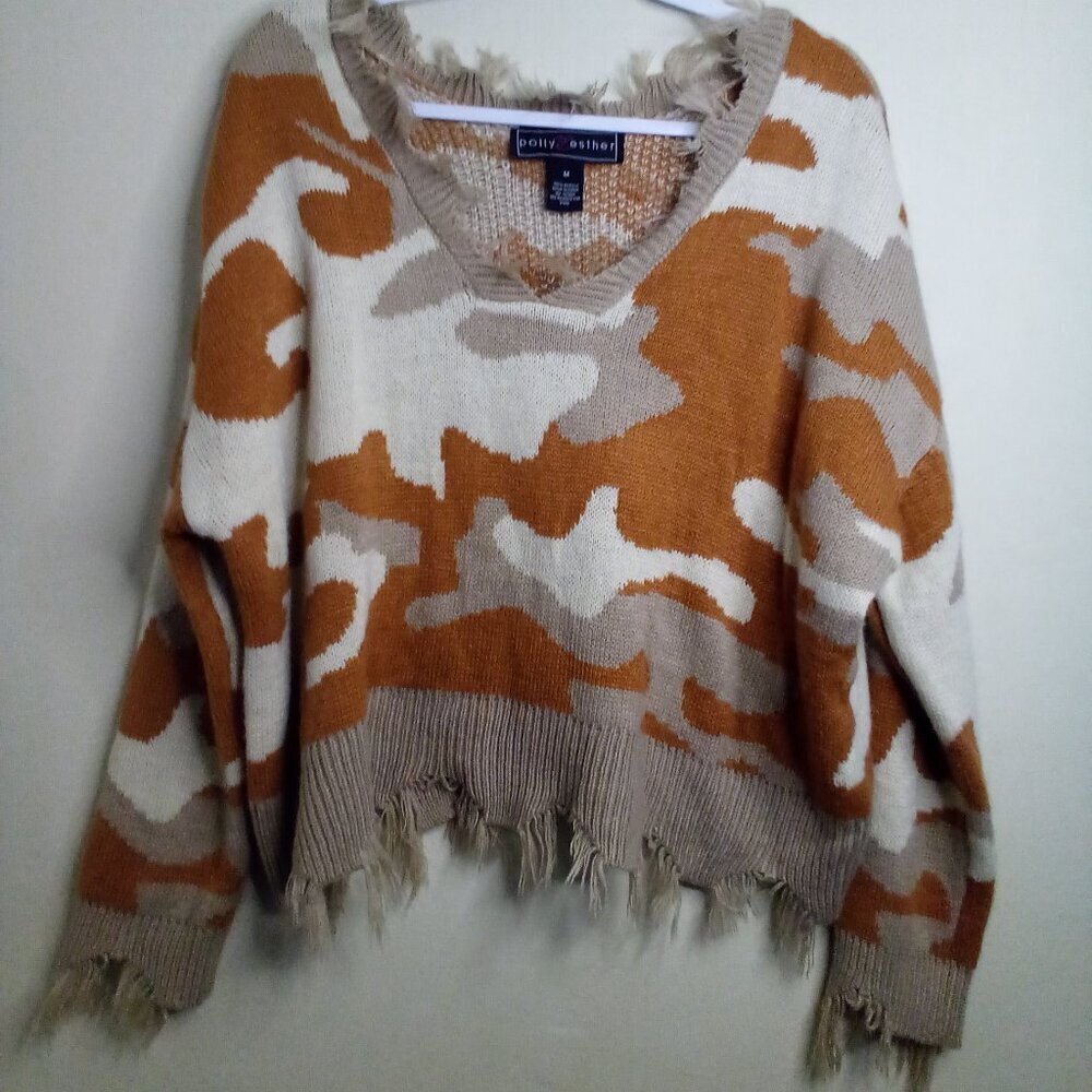 Polly & Esther Sweater Women M Long Sleeve Distressed Fringe Orange Tan